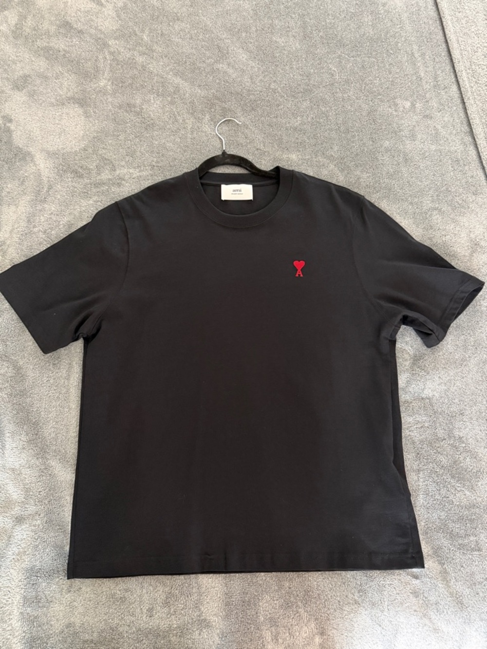 Black Crewneck T-Shirt with Small Red Heart Motif